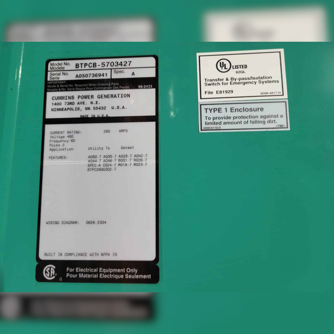 Used 260 Amp Onan BTPCB-5703427 Automatic Transfer Switch sticker