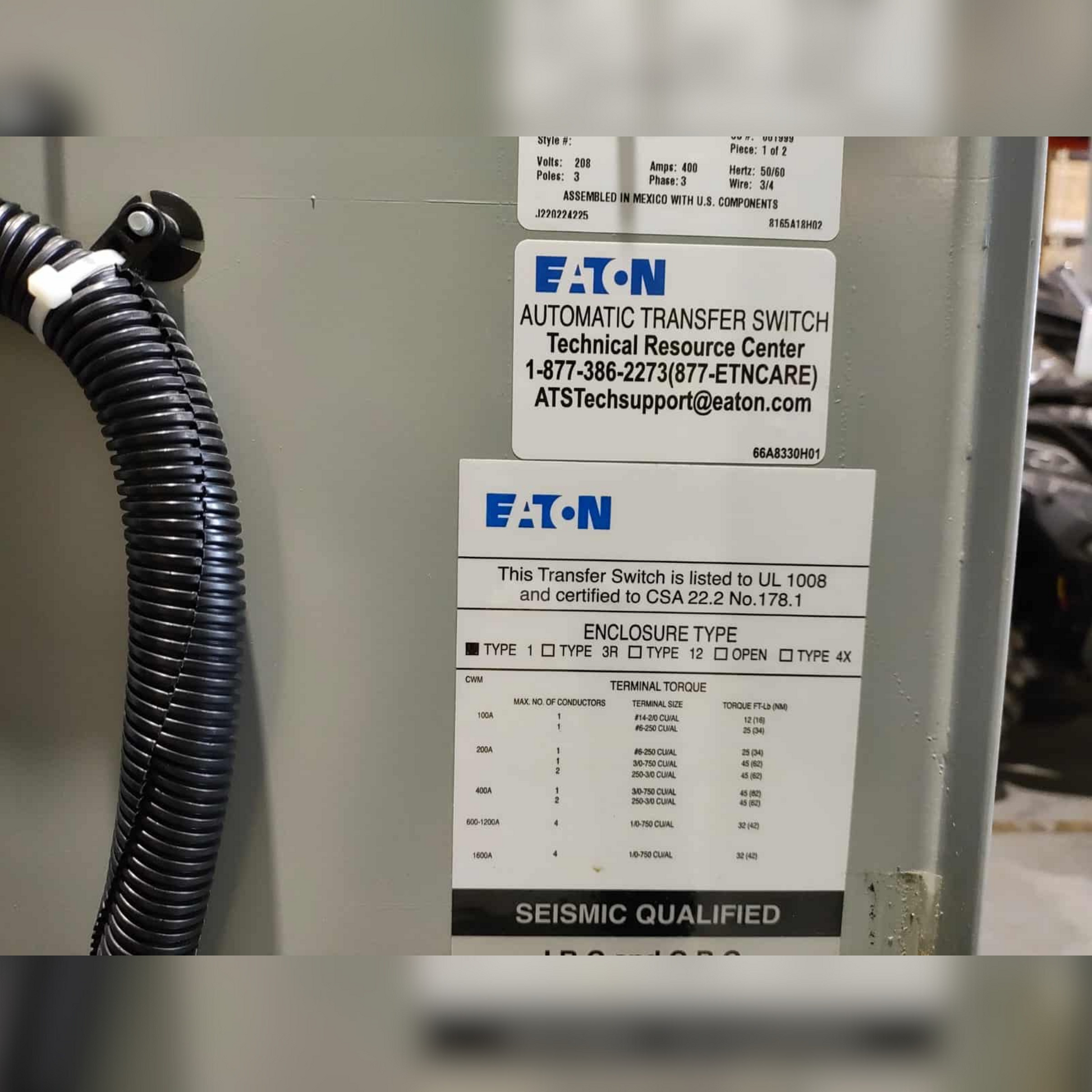 Used 400 Amp EATON ATC3C2X30400BSU Automatic Transfer Switch Information Stickers