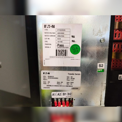 Used 400 Amp EATON ATC3C2X30400BSU Automatic Transfer Switch Information Stickers