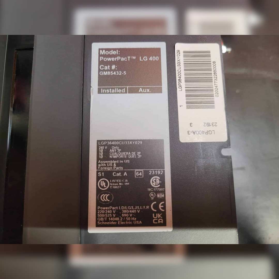 Used 400 Amp Square D LGP36400CU33XY029 Breaker sticker