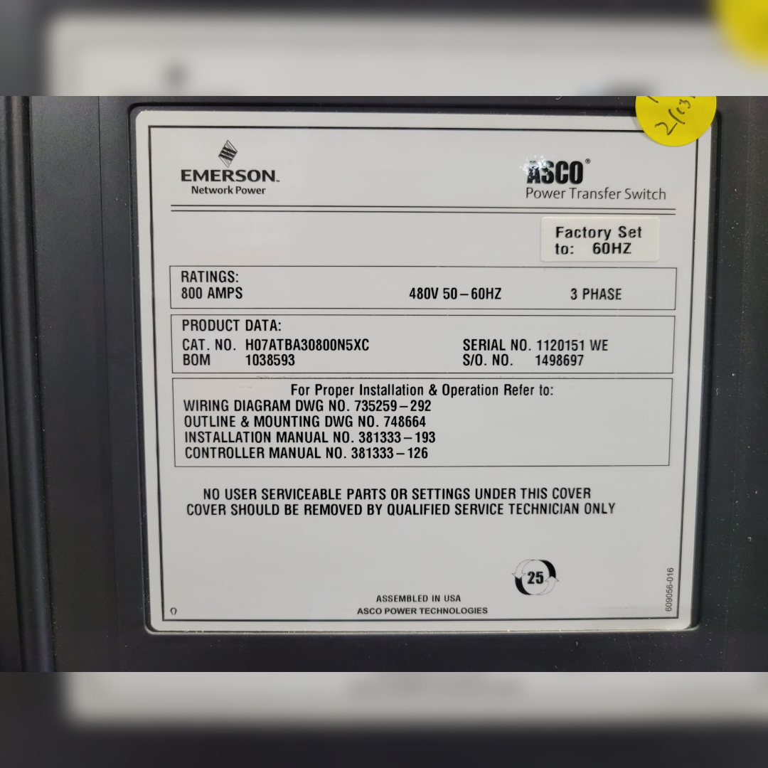 Used 800 amp ASCO H0715BA30800NSXC Automatic Transfer Switch sticker