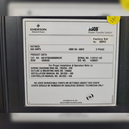 Used 800 amp ASCO H0715BA30800NSXC Automatic Transfer Switch sticker