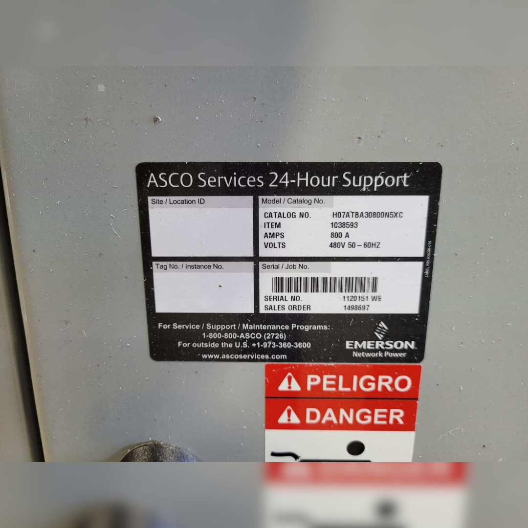 Used 800 amp ASCO H0715BA30800NSXC Automatic Transfer Switch sticker