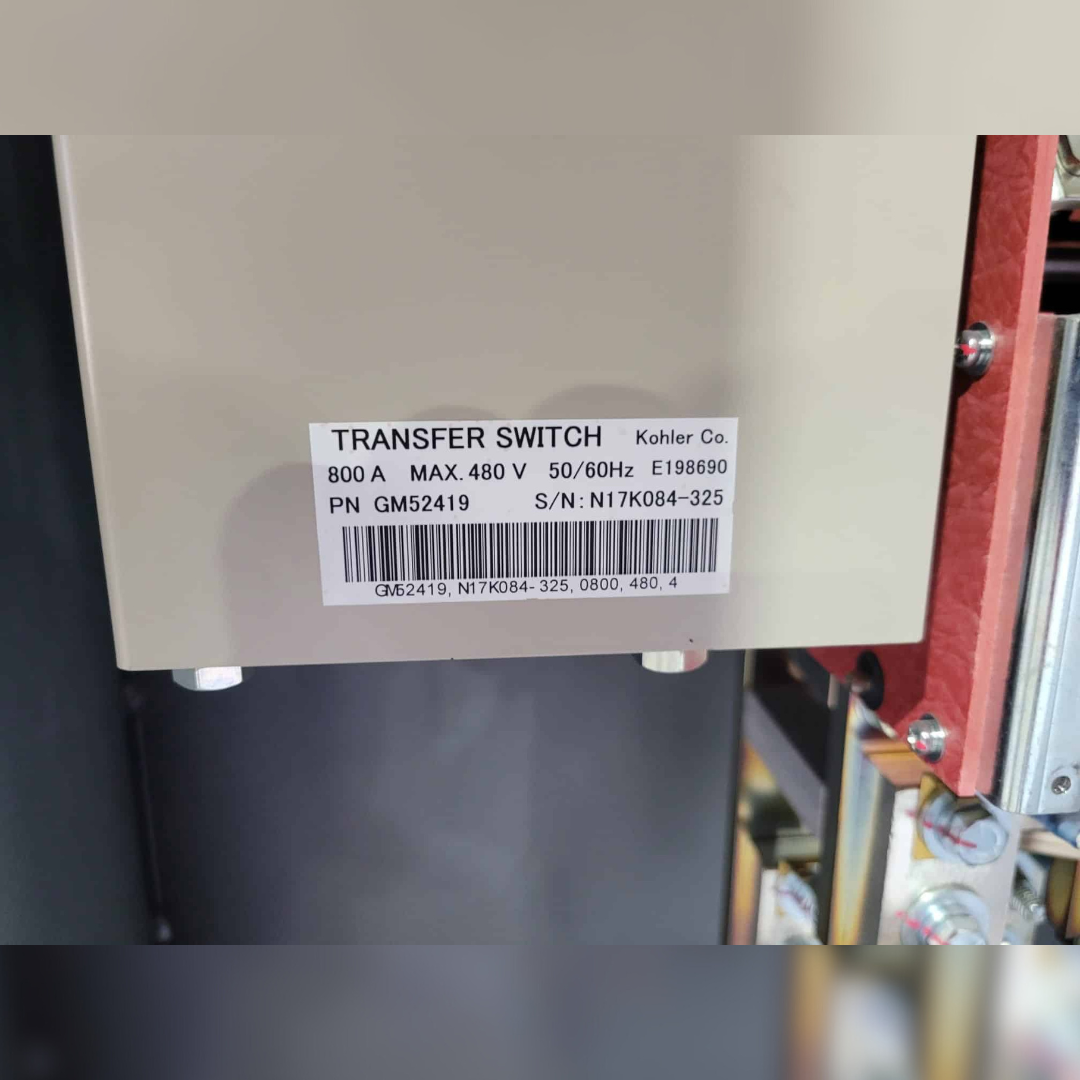 Used 800 amp Kohler KSS-AMVA-0800S Automatic Transfer Switch sticker