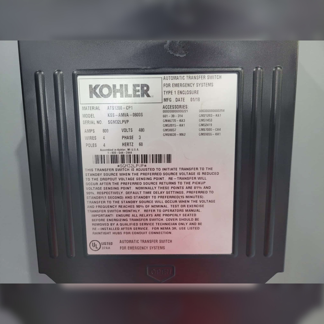 Used 800 amp Kohler KSS-AMVA-0800S Automatic Transfer Switch sticker