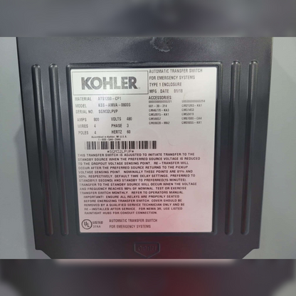 Used 800 amp Kohler KSS-AMVA-0800S Automatic Transfer Switch sticker