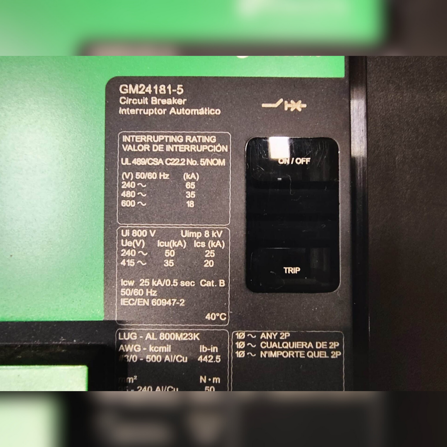 Used 800 Amp Square D PG 800 Breaker Useful Information and on/off Indicator